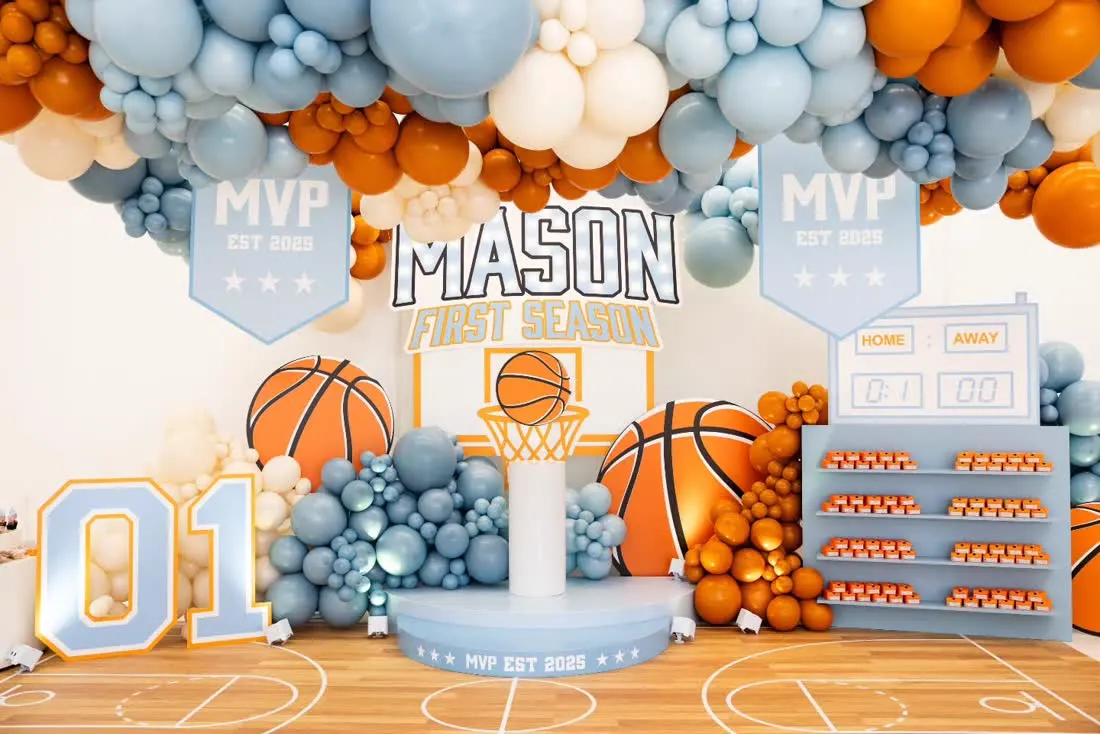 Basketball themed birthday backdrop, cutouts and printed floor decal