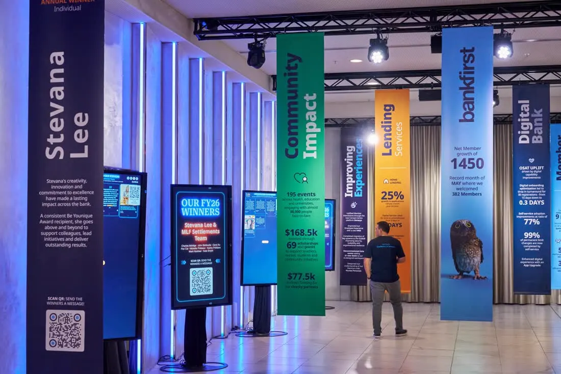 Printed hanging banners installed at a corporate brand activation
