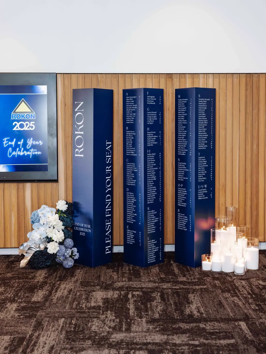 Corporate seating chart panels at an end of year celebration