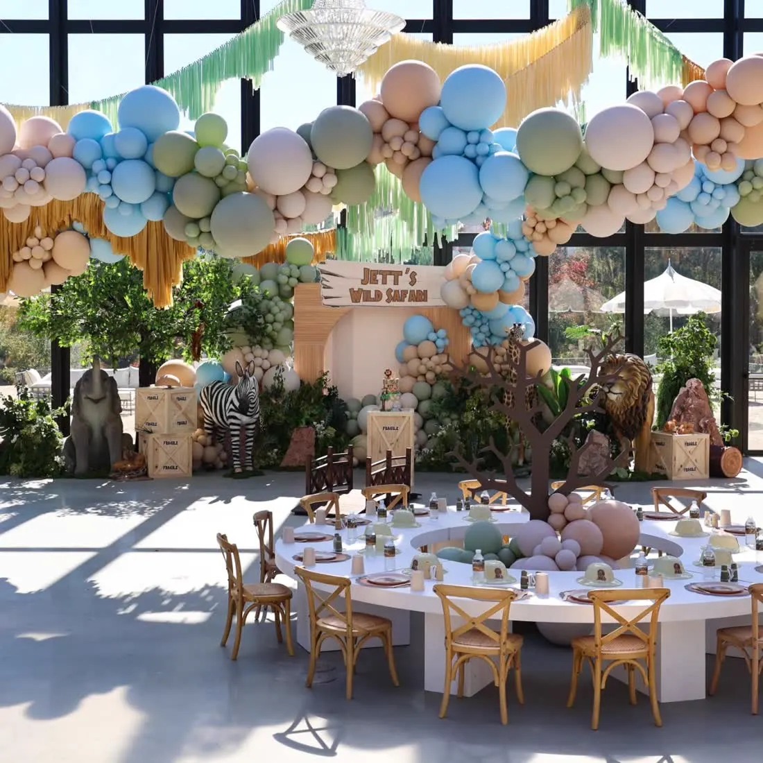 Safari themed party build with fabricated animal props