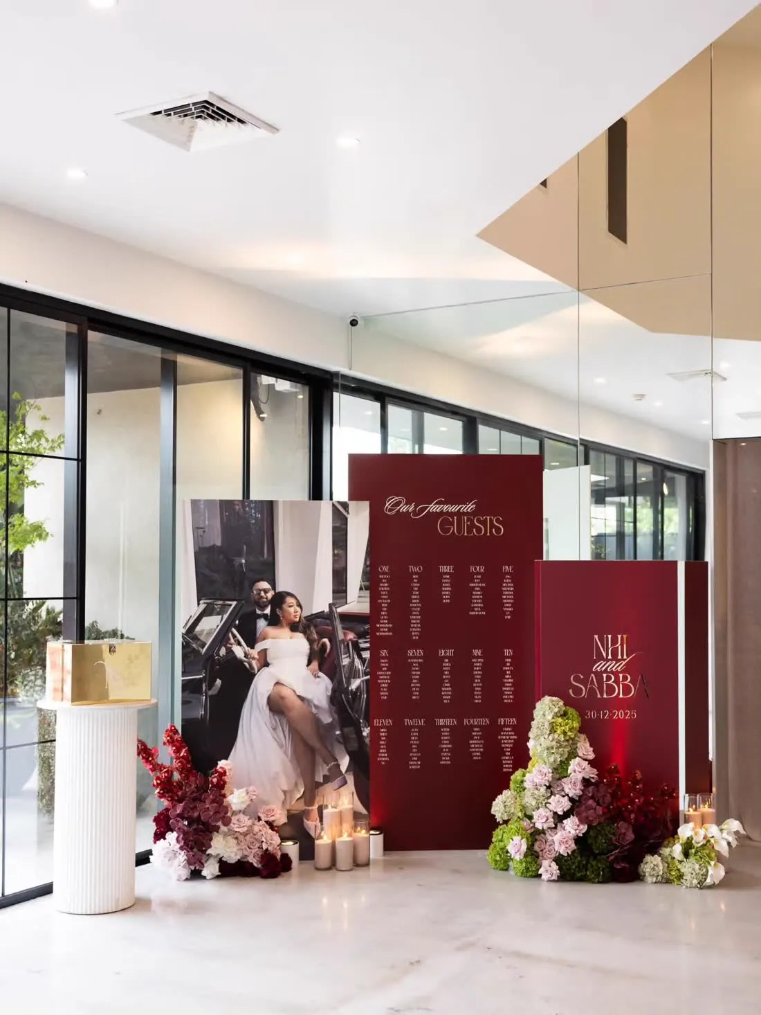 Burgundy wedding welcome sign, seating chart and photo cutout