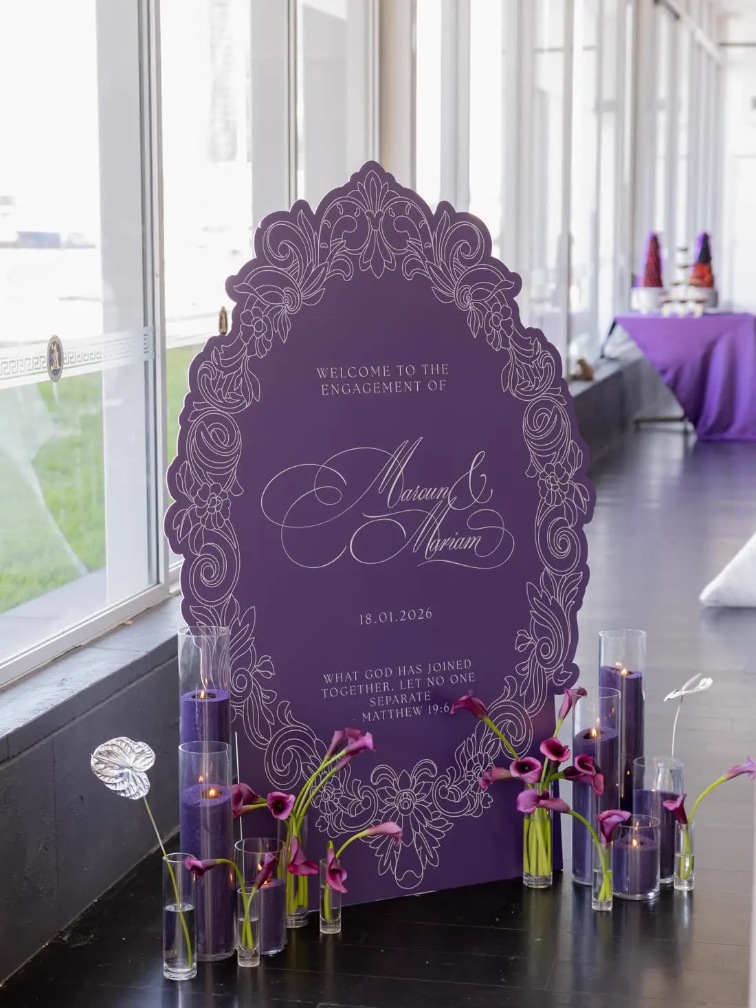 Ornate die-cut engagement welcome sign with calligraphy